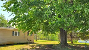 Una casa móvil con un árbol grande al frente, un columpio y un patio cubierto de césped.