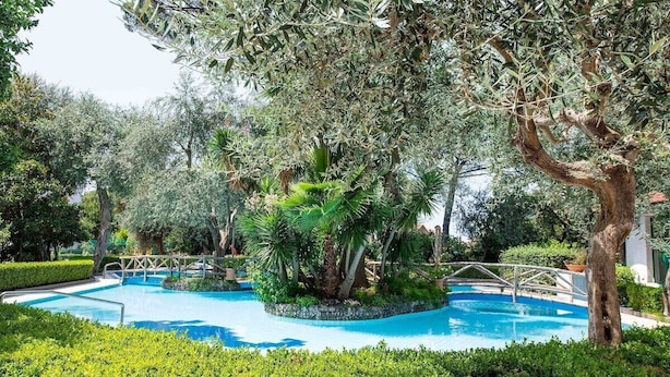 A pool surrounded by lush greenery and trees. - Apartment Bianca with shared pool (Sorrento)