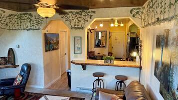 TV connectée, cheminée, livres