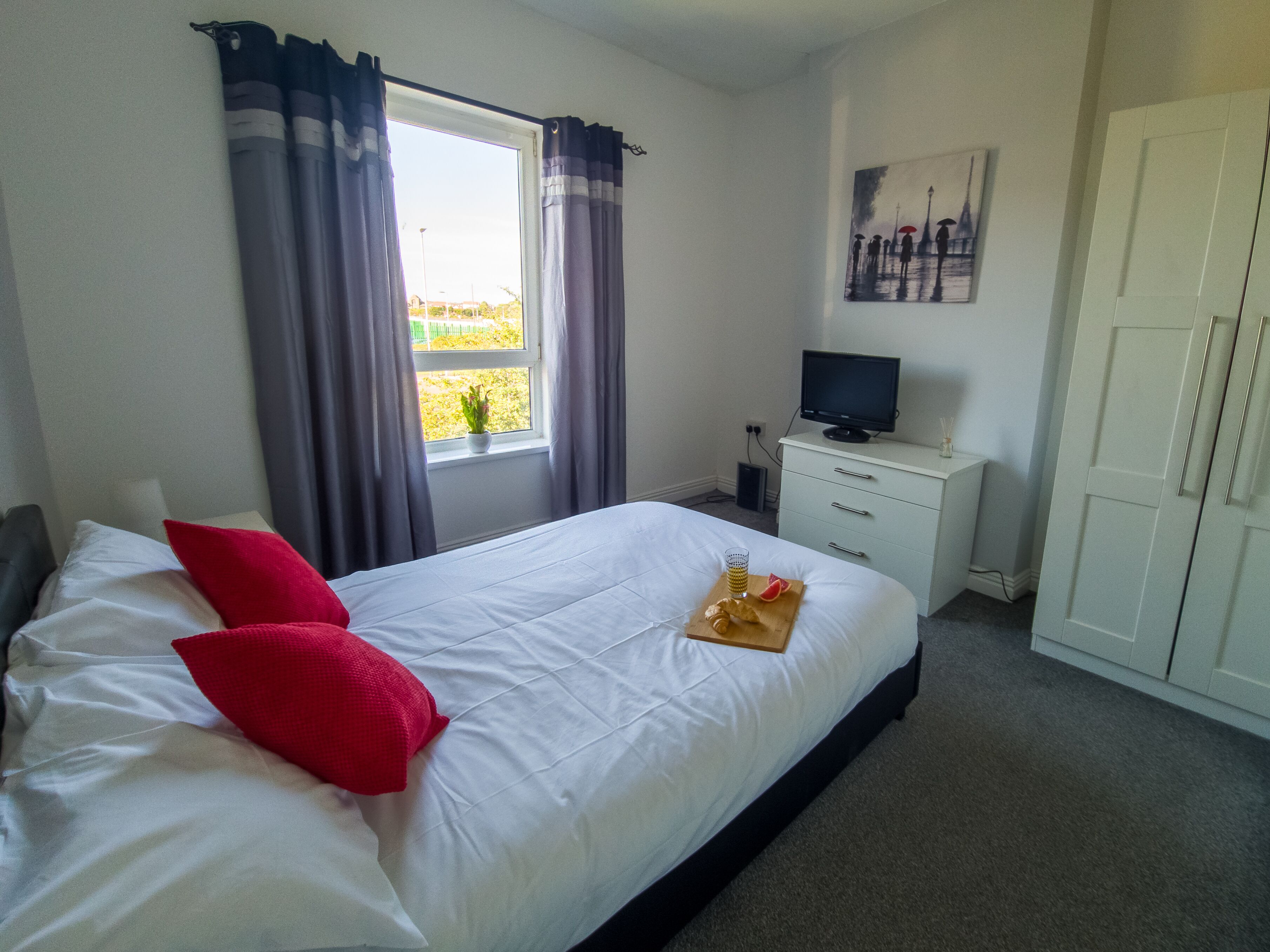 2 bedrooms, desk, laptop workspace, iron/ironing board