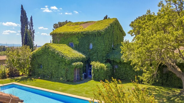 A house with ivy-covered walls, a swimming pool, and a well-maintained lawn. - Casale Teresa (Tarquinia)