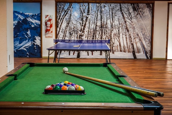 Una mesa de billar con taco y bolas, una mesa de ping pong y un mural de un bosque nevado.