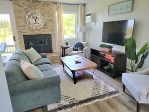 Smart TV, fireplace, DVD player, books