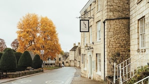 A historic stone building with a sign for 'Falcon' pub, a tree-lined street, and a pedestrian crossing. - The Falcon Painswick (Stroud)