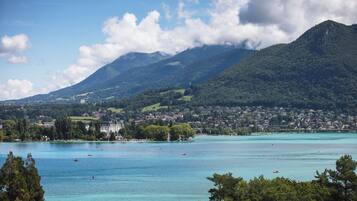 A coastal town with a large body of water, mountains in the background, and a mix of residential and commercial buildings.