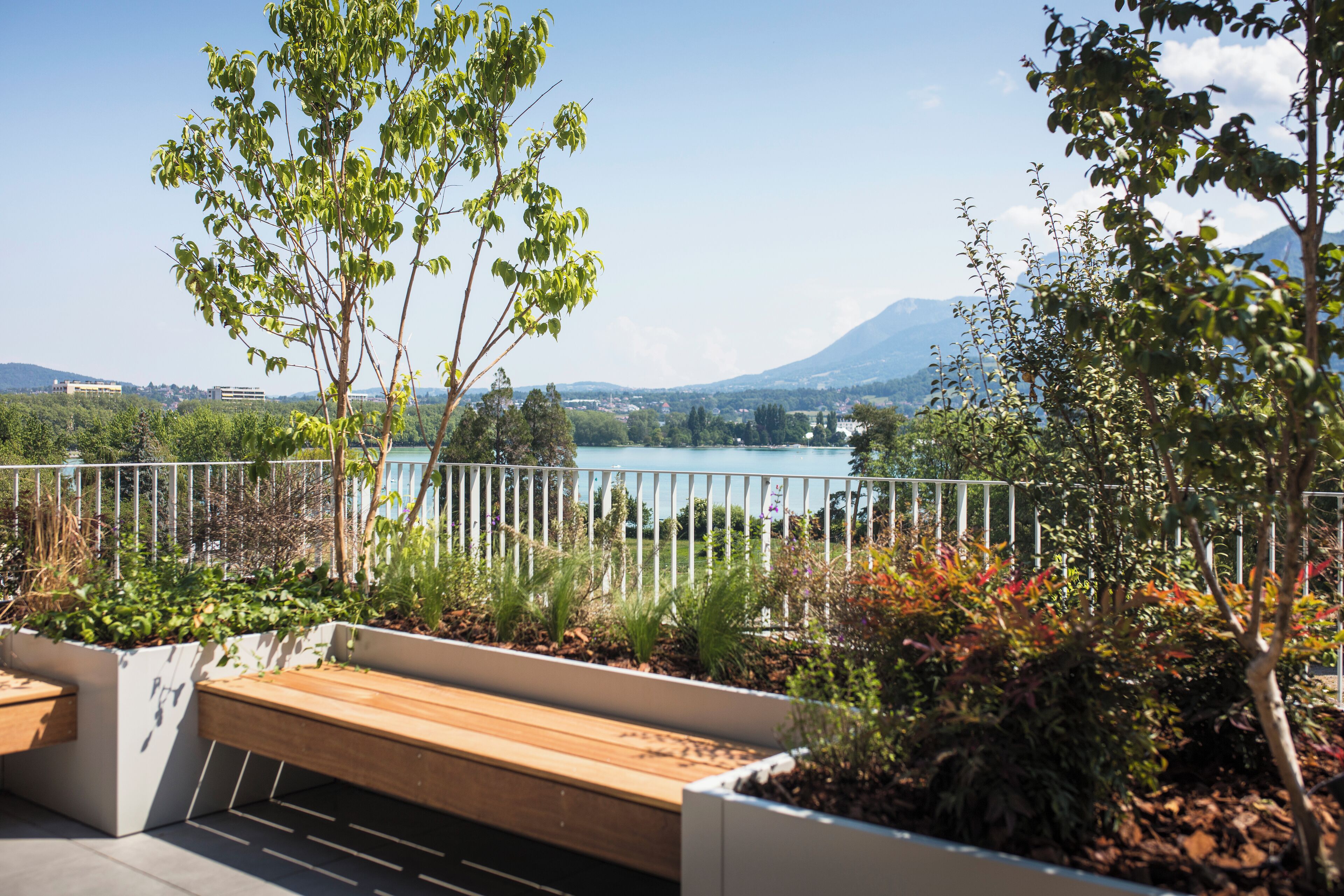 Un jardín en la azotea con un banco de madera, baranda de metal y vista a un lago y montañas.