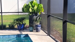 Ein Pool mit Wasserfall, umgeben von Topfpflanzen und einem weißen Zaun.
