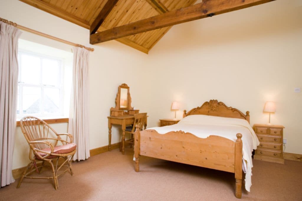 A bedroom with a wooden bed, a chair, a dresser, and a mirror.