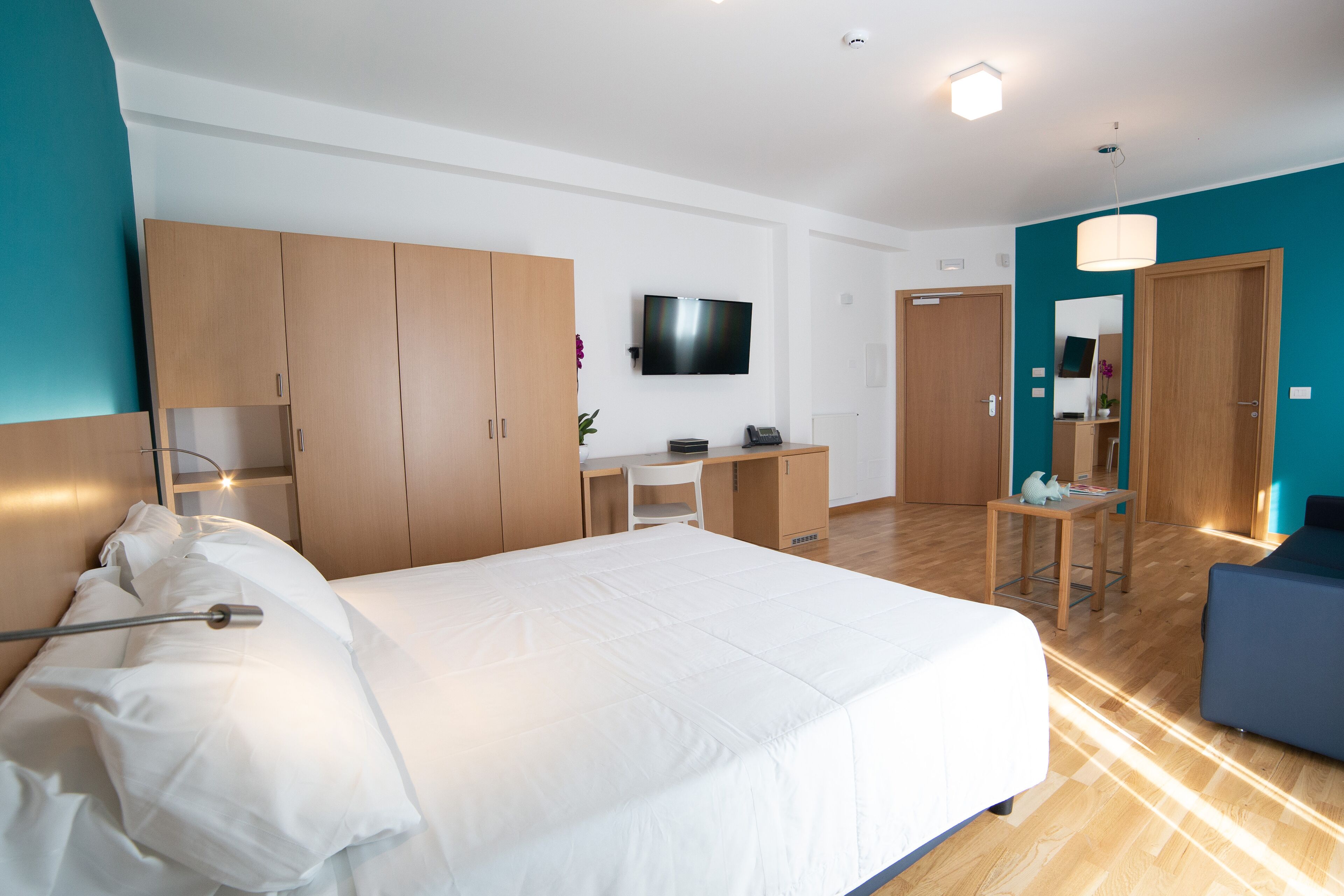 Habitació d'hotel amb un llit gran, escriptori, televisió i armari.