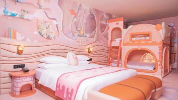 A children's room with a bed, a playhouse, and a mural on the wall.