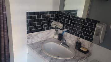 Combined shower/bathtub, hair dryer, towels, soap