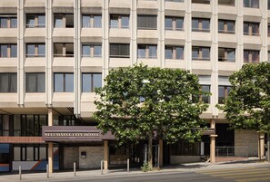 A multi-story hotel with a modern facade, large windows, and a tree in front. - Neuchatel City Hotel (Neuchatel)