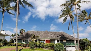 A single-story house with a green exterior and a grey roof, surrounded by lush greenery and palm trees.