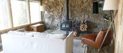 Smart TV, lareira, livros, escritórios