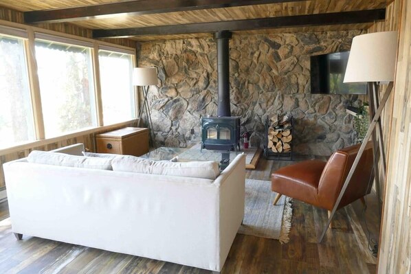 Älytelevisio, takka, kirjoja, työhuone