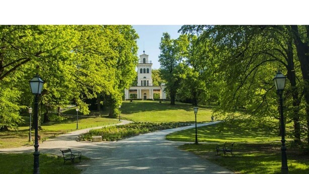 A pathway leading to a building with a tower, surrounded by trees and benches.