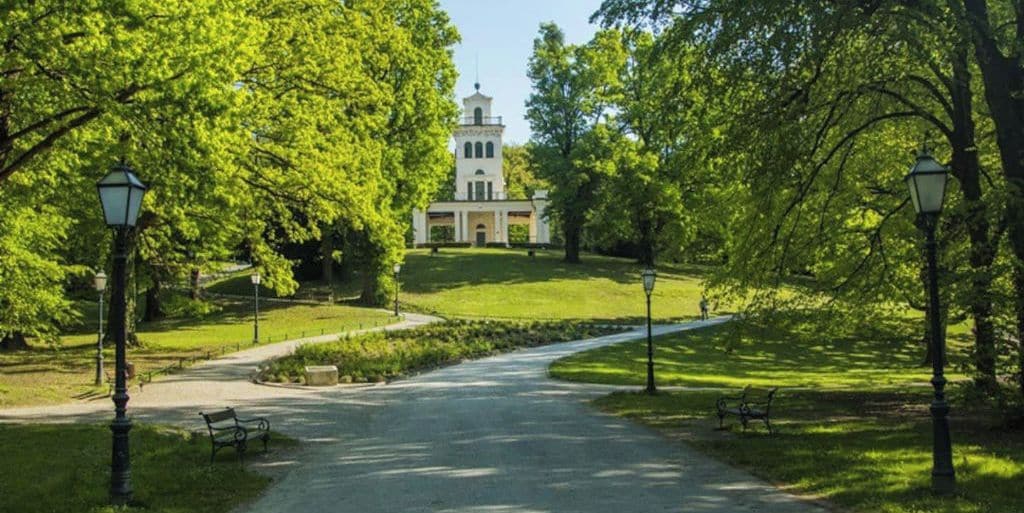 Ein Weg, der zu einem Gebäude mit einem Turm führt, umgeben von Bäumen und Bänken.