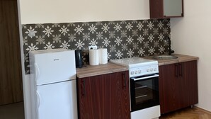 A compact kitchen with a refrigerator, stove, and wooden cabinets.
