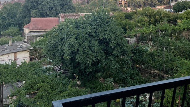 A balcony with a view of a hillside, trees, and buildings.