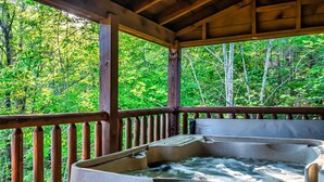 Ein Whirlpool mit Bedienfeld, umgeben von einer Holterrasse und Blick auf einen Wald.
