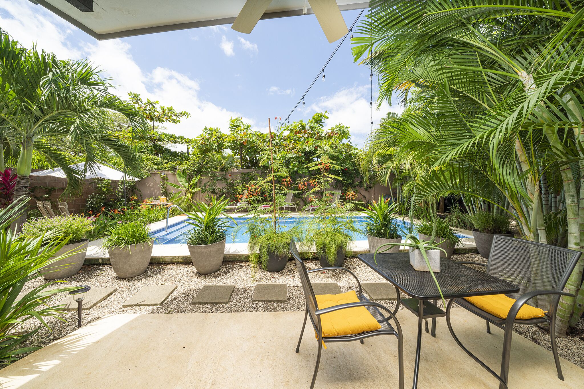 Zona junto a la piscina con mesa y sillas, rodeada de plantas en macetas y un cielo azul despejado.