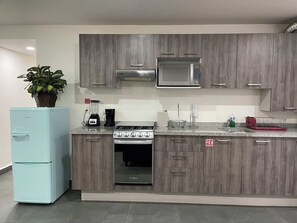 Fridge, microwave, oven, stovetop