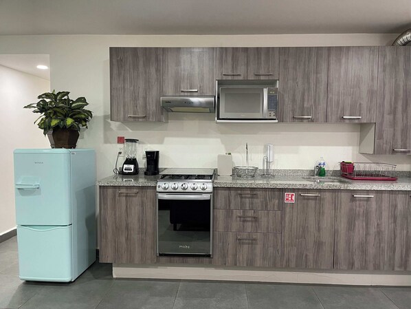 Fridge, microwave, oven, stovetop