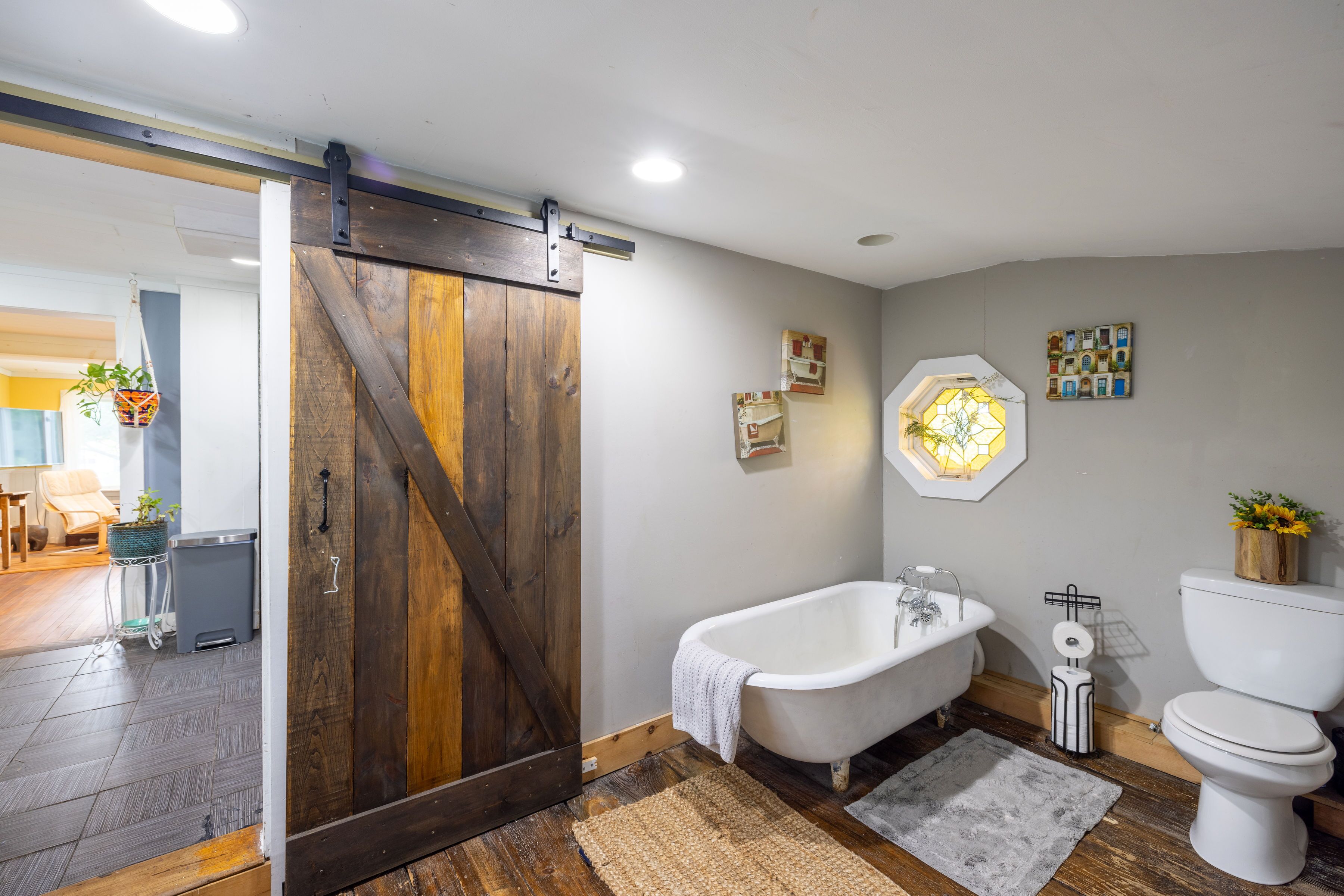 Bathtub, hair dryer, towels, soap