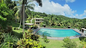 A pool surrounded by lush greenery and palm trees, with a building in the background. - Tropical Rainforest Retreat (Naguabo)