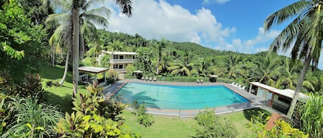 A pool surrounded by lush greenery and palm trees, with a building in the background.