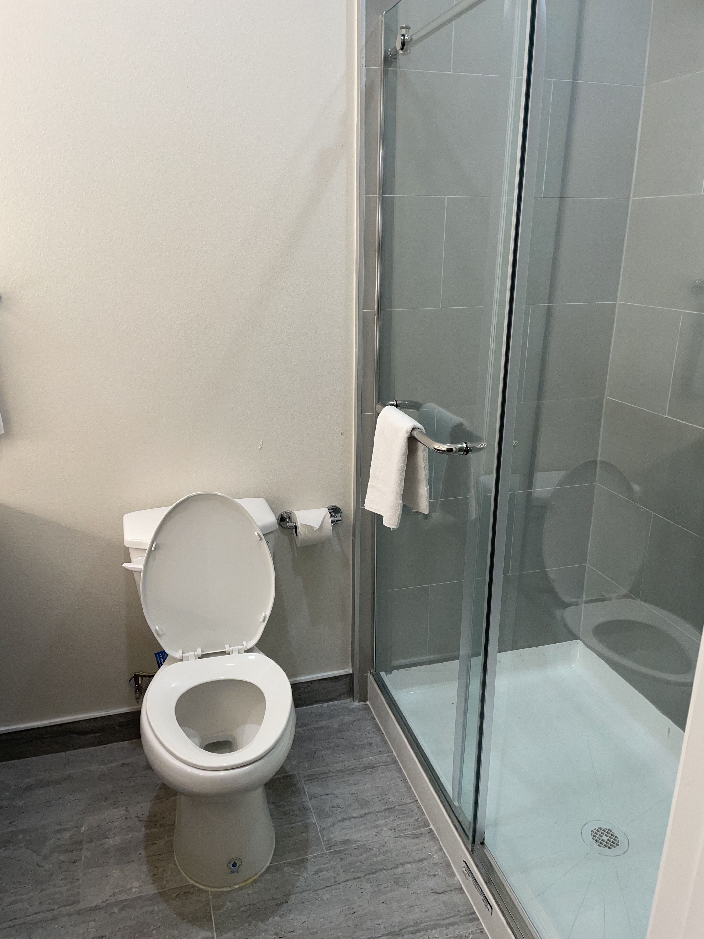 Ein Badezimmer mit Toilette, Duschkabine und Handtuchhalter.