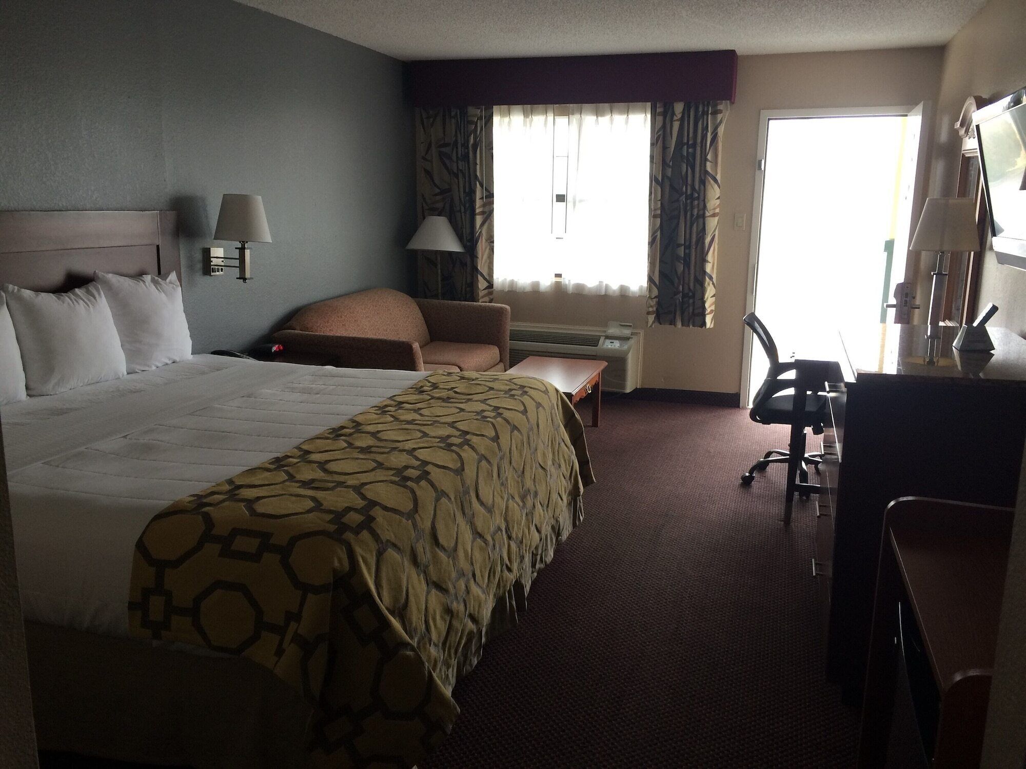 A hotel room with a large bed, a desk, a chair, and a sofa.