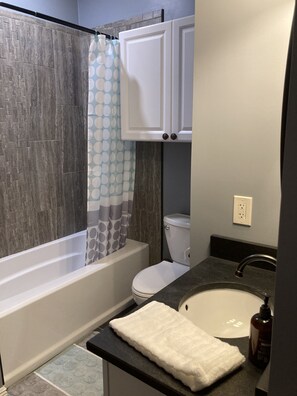 Tina con regadera, secadora de cabello, toallas, jabón 