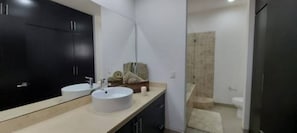 Hair dryer, towels, toilet paper
