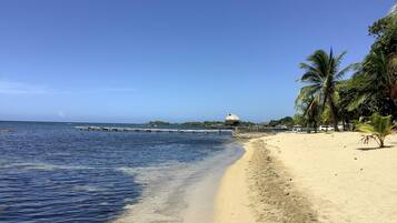 A beach with a clear blue sky, a sandy shore, and a thatched-roof structure in the distance.