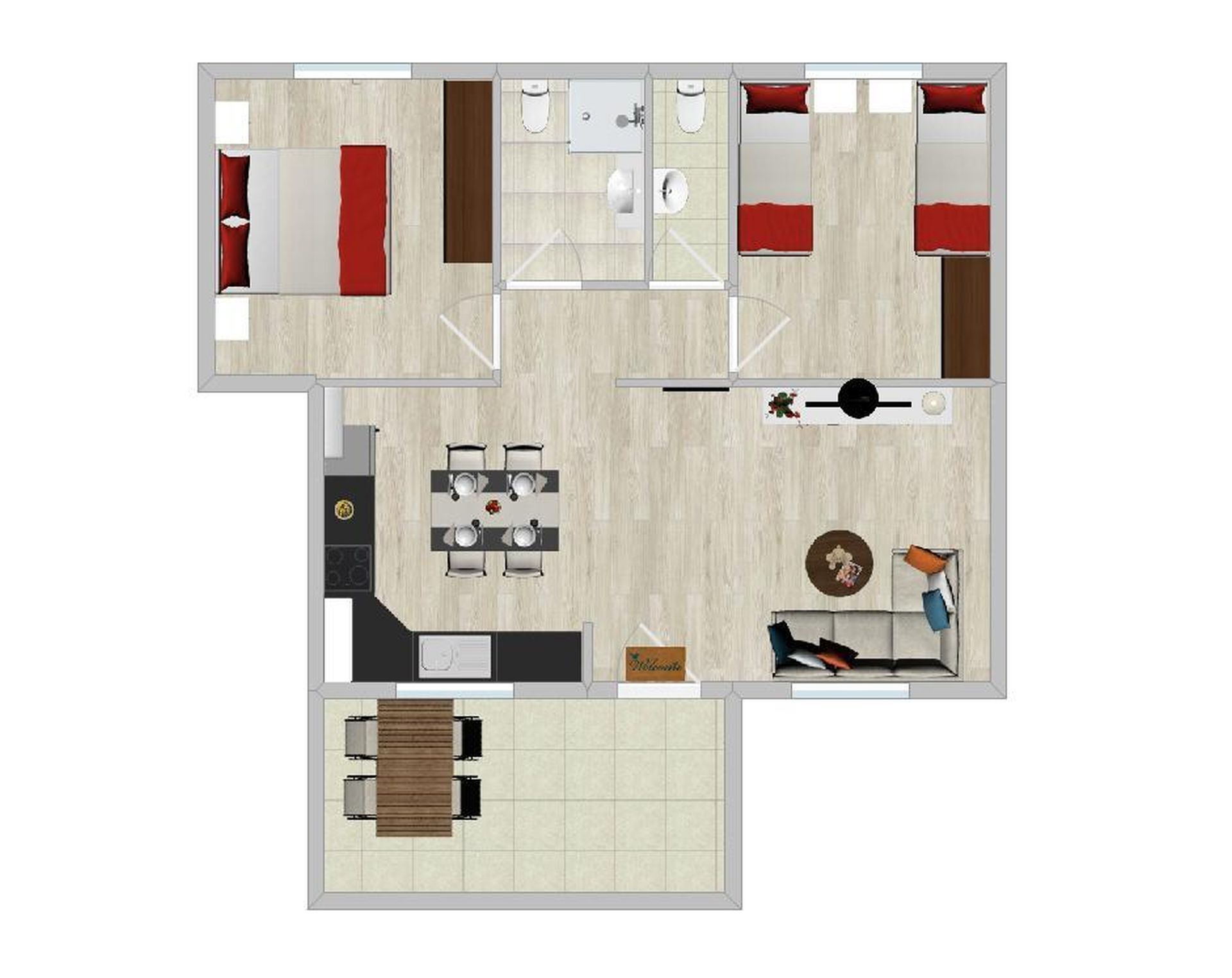 Grundriss einer 2-Zimmer-Wohnung mit Küche, Essbereich und kleinem Wohnzimmer.