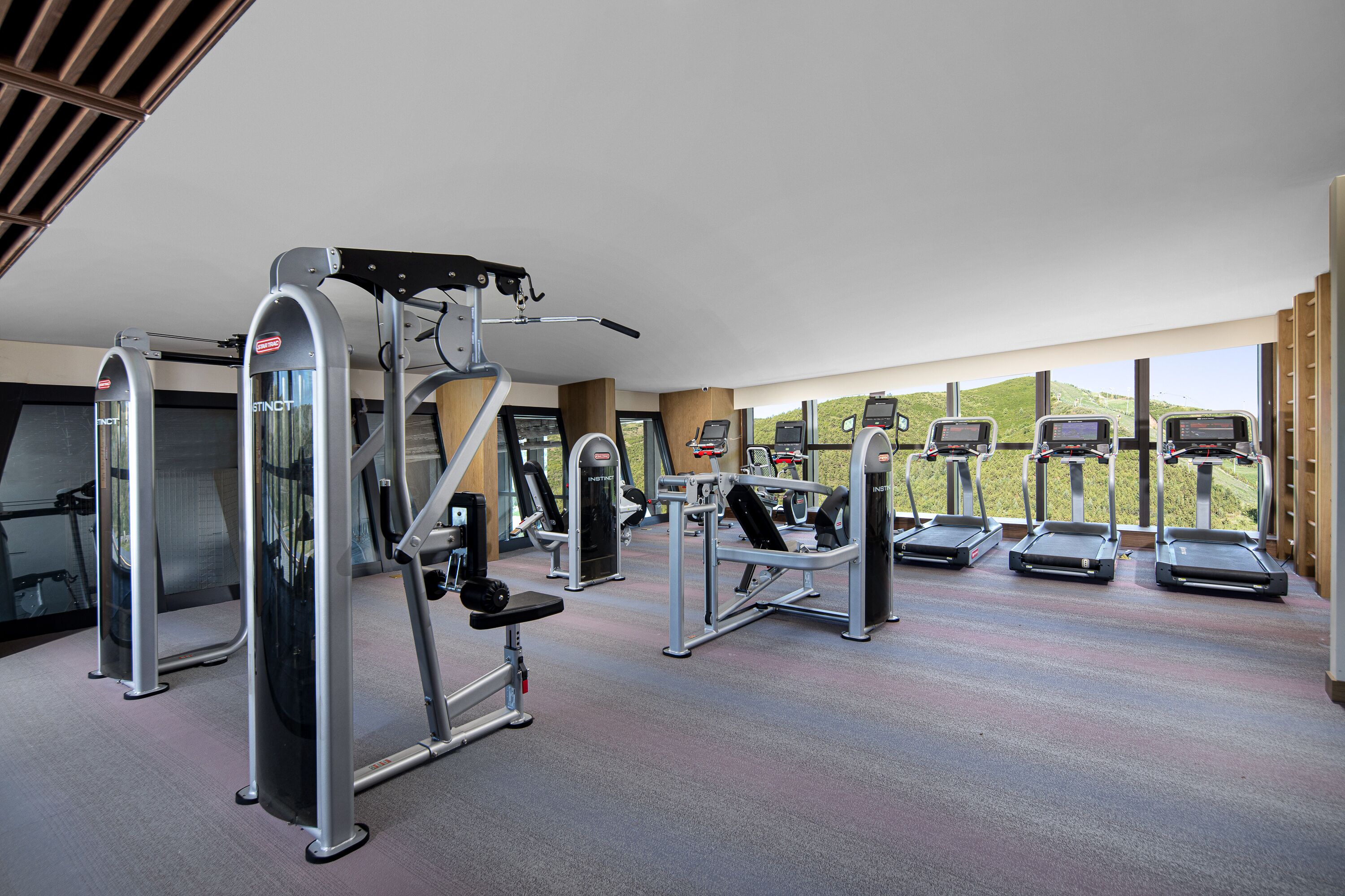 Un gimnasio con diversos equipos de ejercicio, incluyendo cintas de correr y máquinas de pesas, con vistas a colinas al fondo.