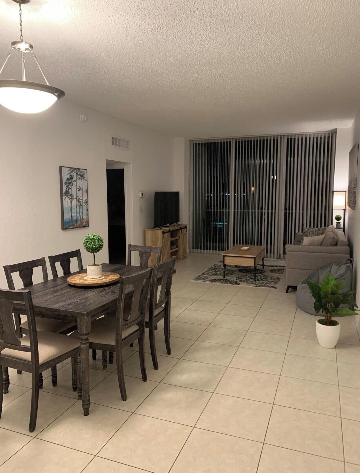 A dining area with a wooden table and chairs, a small plant on the table, and a ceiling light.