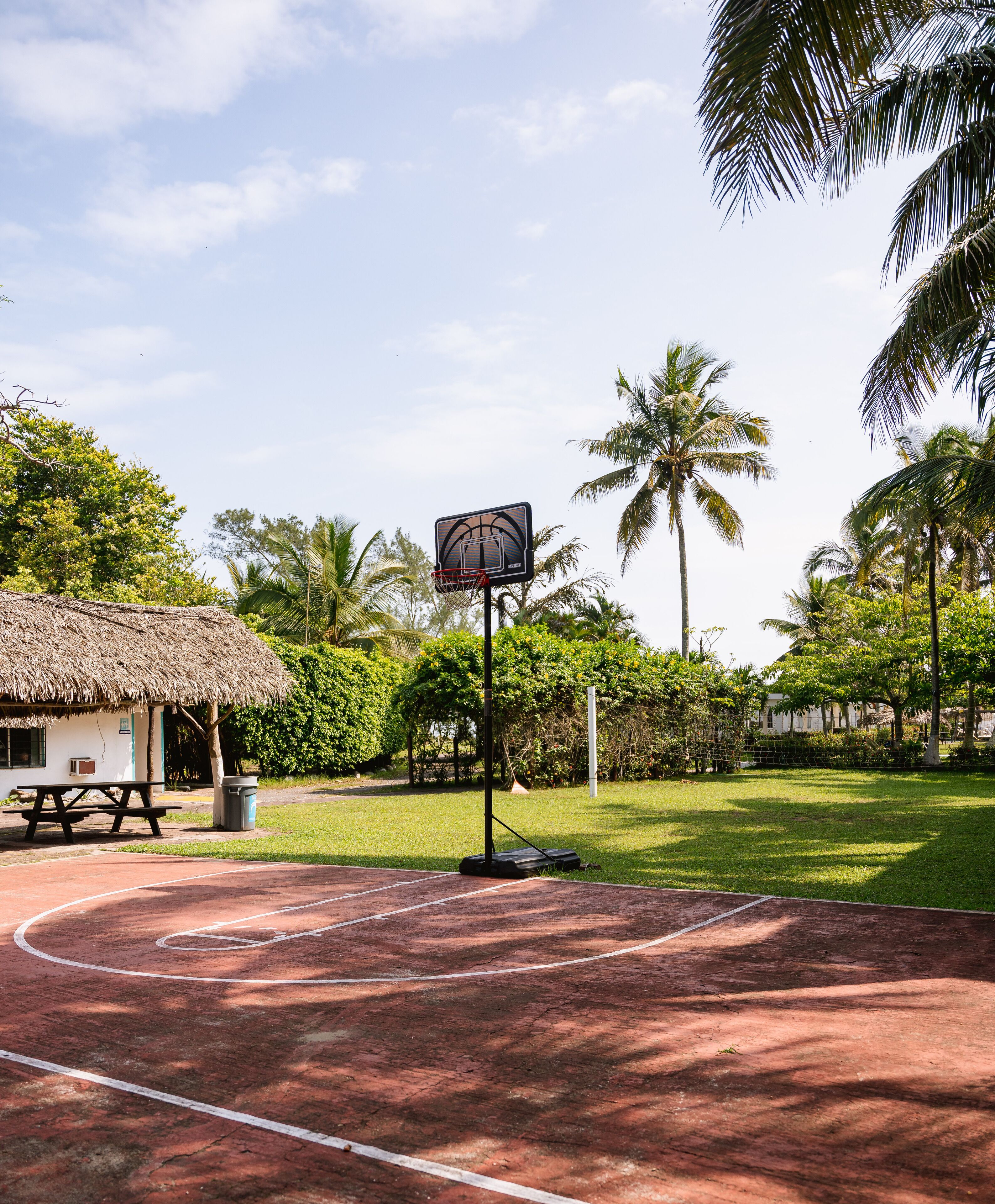 Un terrain de basket en plein air, doté d’un panier, entouré de palmiers et bordé d’une structure à toit de chaume.