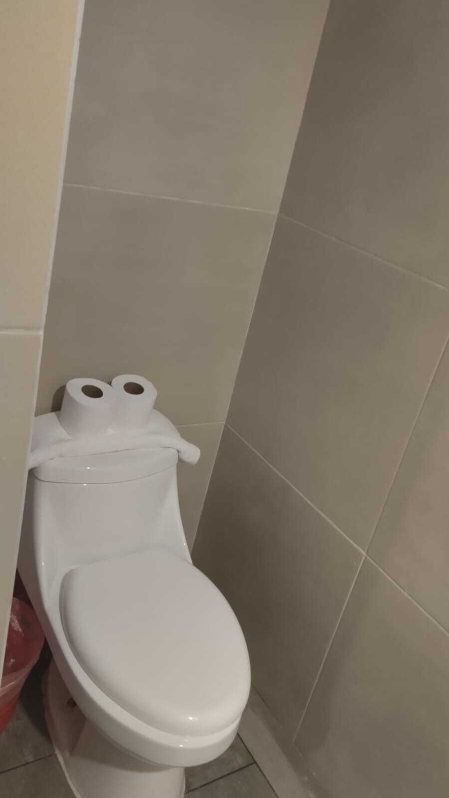 A white toilet with two rolls of toilet paper on the holder.