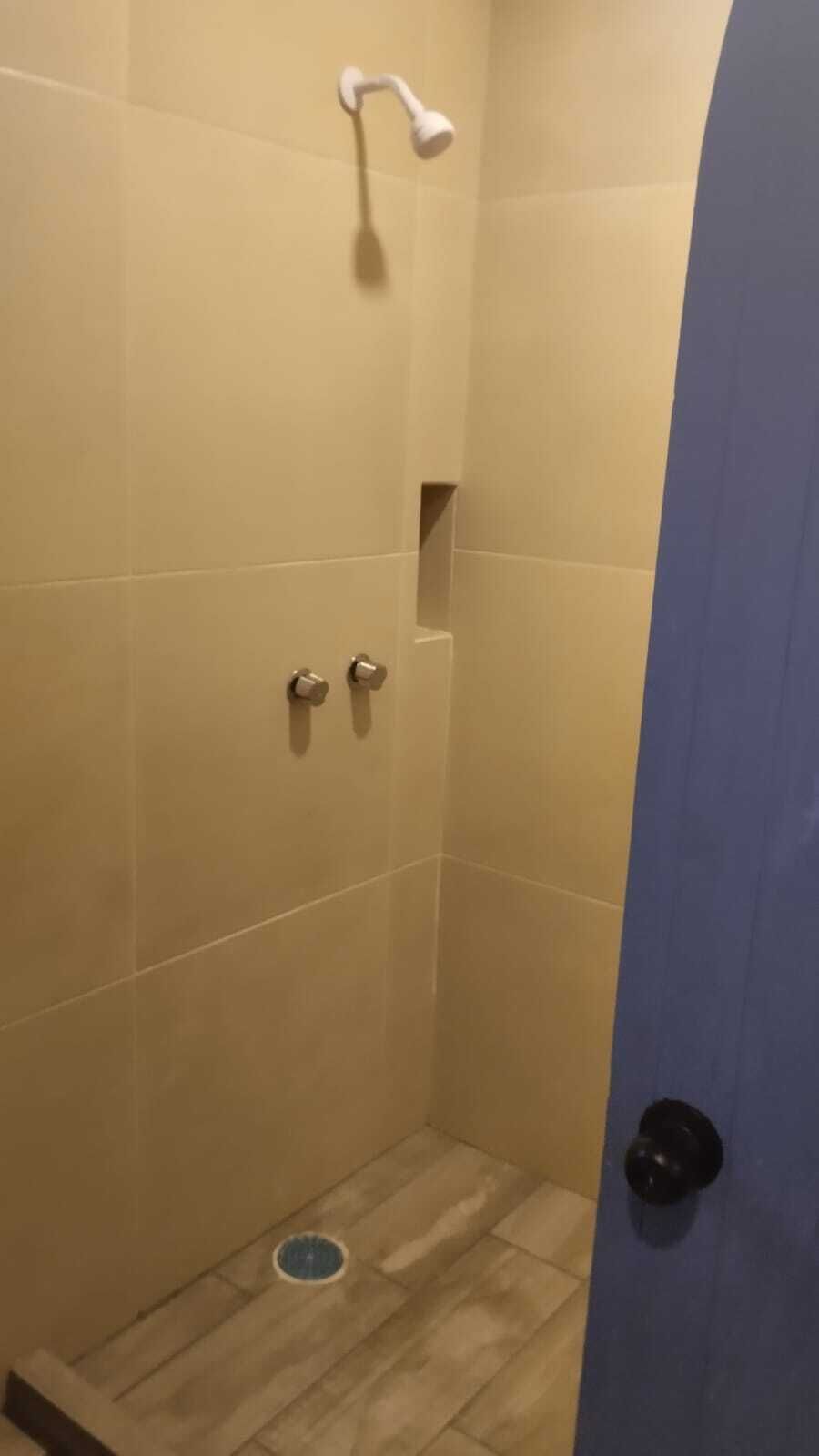A small, enclosed shower area with a door, a showerhead, and a drain.