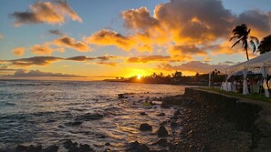 On the beach, sun-loungers, beach towels