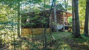 A rustic cabin surrounded by dense forest, with a wooden deck and a large window overlooking the trees. - Creek View, Covered Decks & Private Hot Tub, Woods, Peaceful, Wildlife! (Chillicothe)