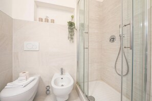 Bathtub, hair dryer, bidet, towels