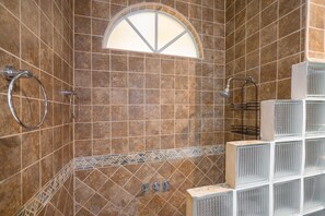 Shower, towels, soap, shampoo