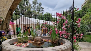 Un jardín con una fuente, una carpa blanca y una valla metálica.