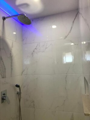 Shower, hair dryer, towels
