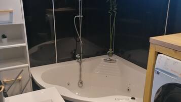 Combined shower/tub, jetted tub, hair dryer, toilet paper