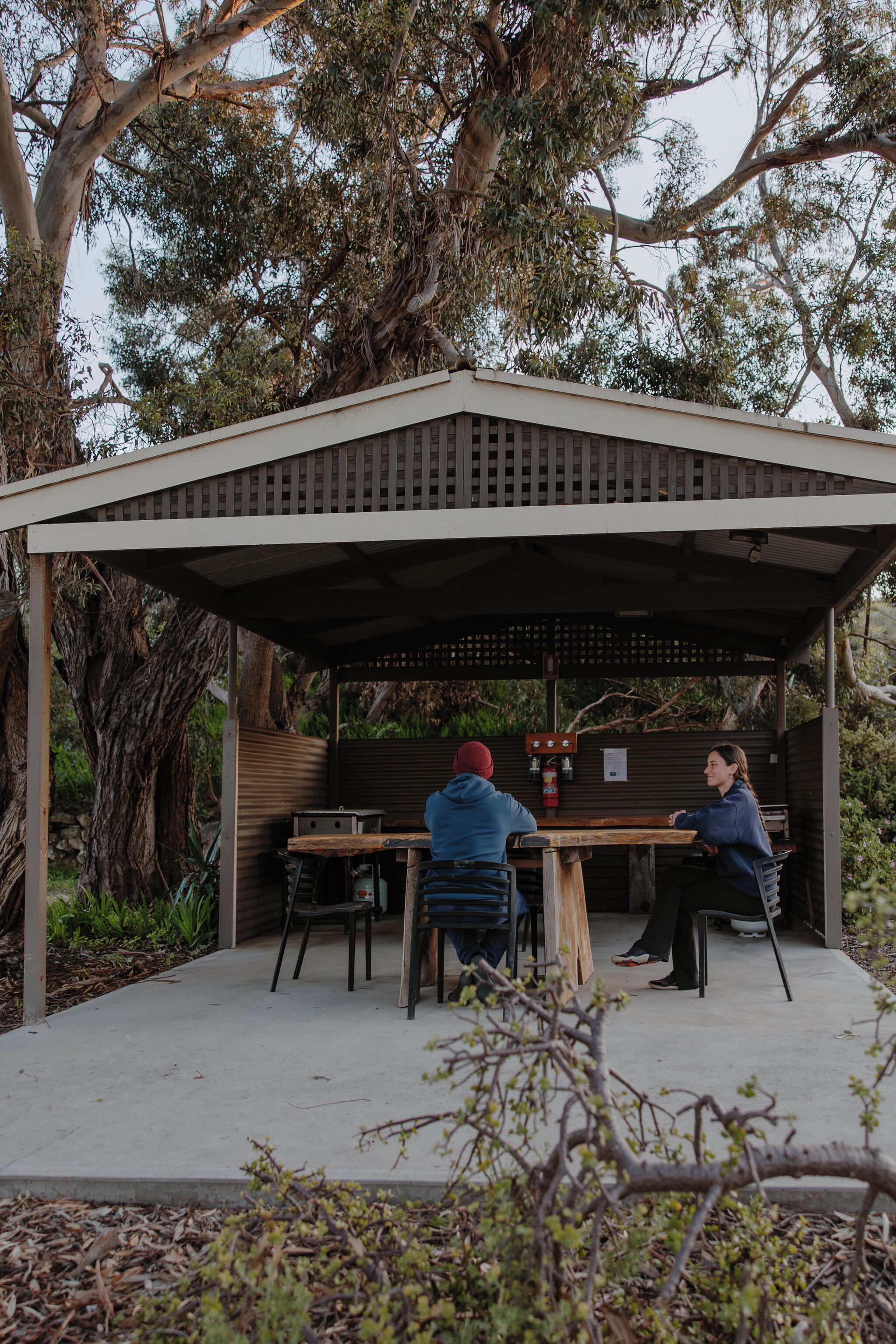 A covered outdoor seating area with a table and chairs, surrounded by trees and vegetation.