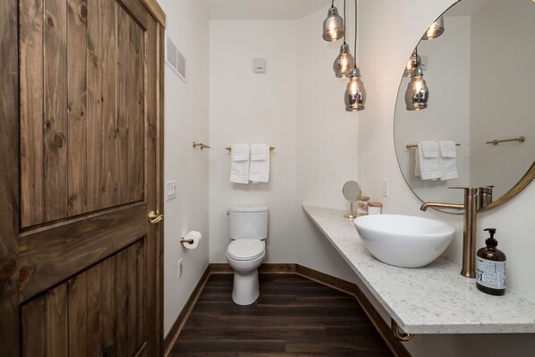 A bathroom with a wooden door, white toilet, and a sink with a large mirror.